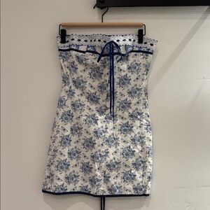 With Jéan Blue and White Toille strapless dress